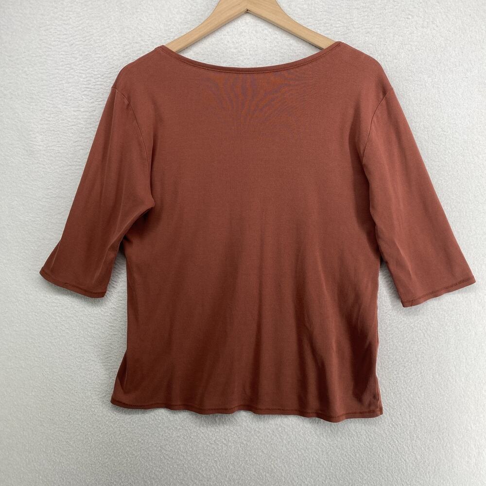 EILEEN FISHER Top L Organic Cotton Ribbed Jersey V-Neck 3/4 Sleeve Basic Brown - Picture 2 of 10